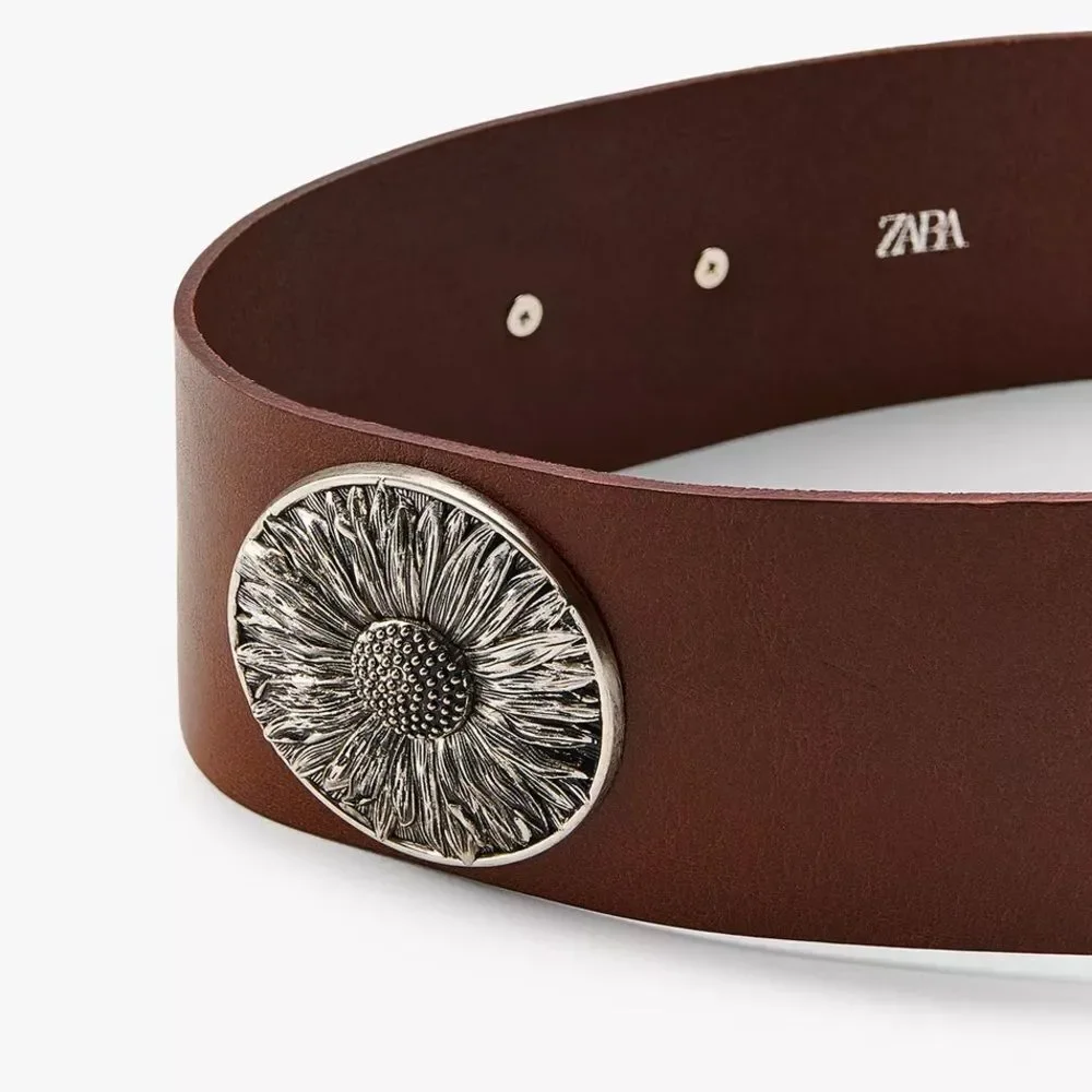 ZARA WIDE LEATHER BELT WITH FLOWERS